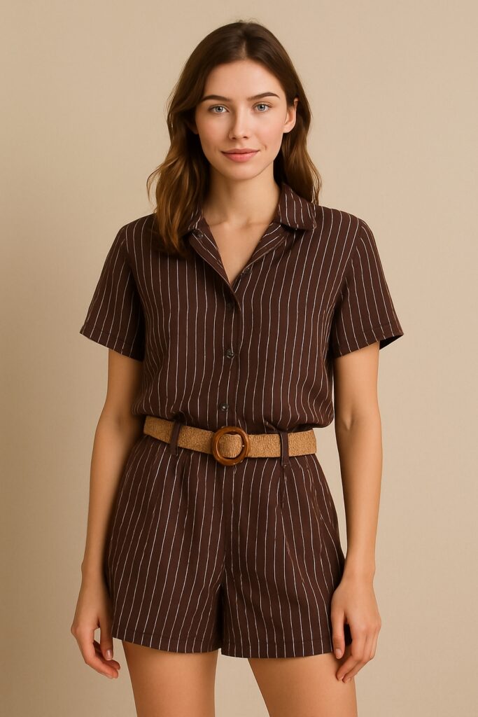 Woman in oversized beige linen shirt and striped wide-leg trousers