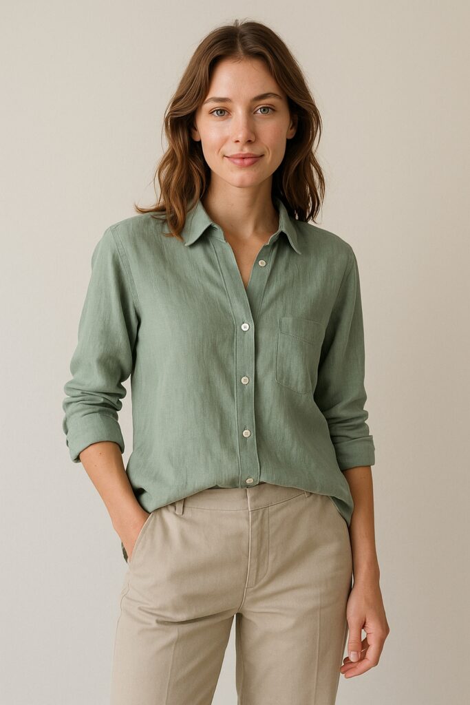 Woman wearing sage green linen shirt and beige trousers, casual SS26 outfit
