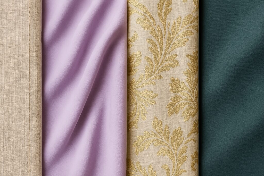 Four SS26 fabrics showing linen, silk, jacquard and technical textures