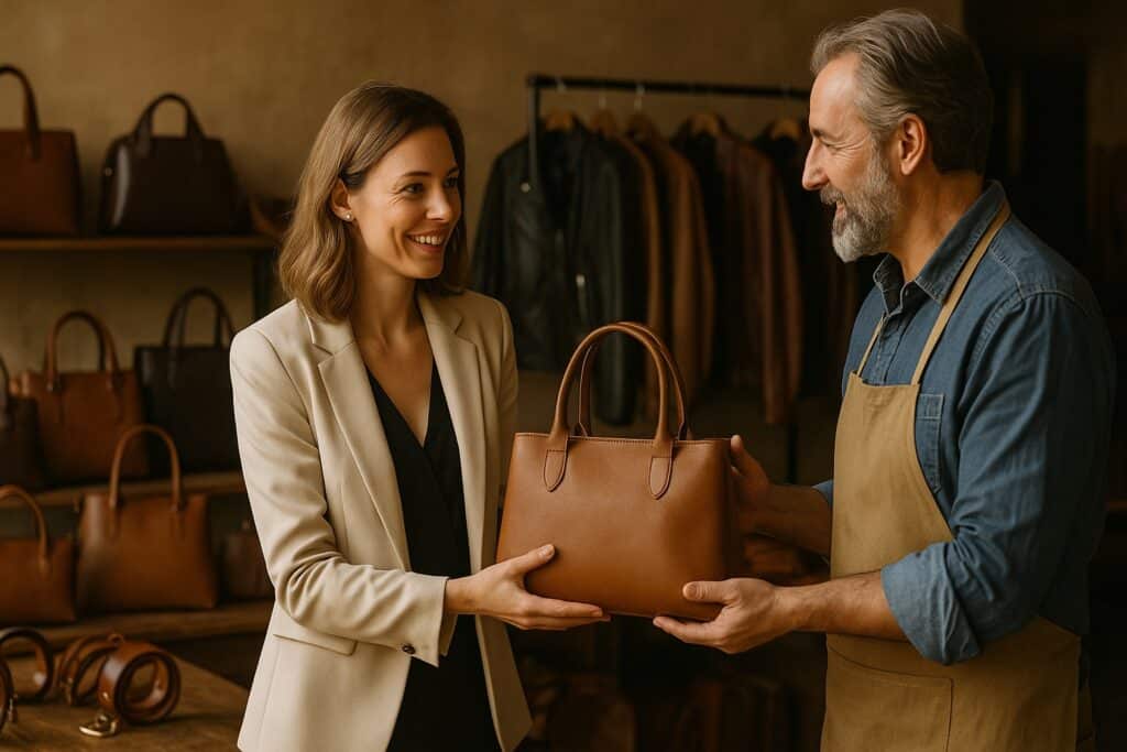 A boutique owner inspects a handcrafted Italian leather handbag shown by a craftsman in a workshop.