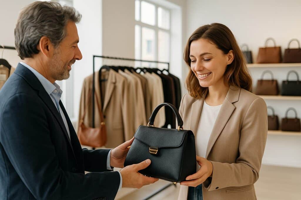 A boutique owner inspects a high-quality Italian leather handbag offered by a supplier in a fashion showroom, with racks of clothing and accessories in the background.