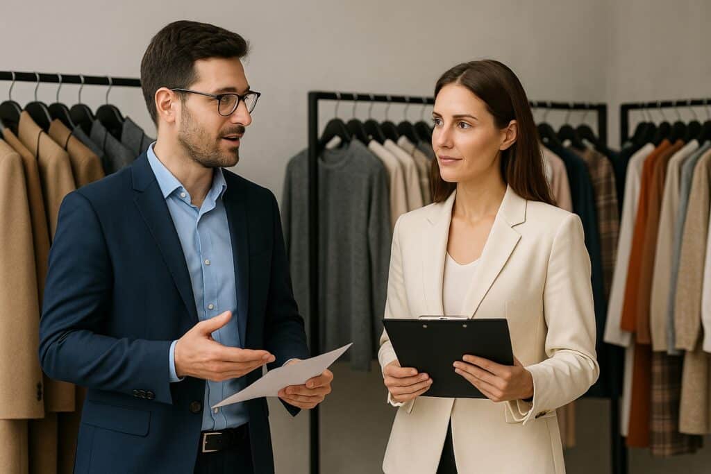 Fashion sourcing agent and client discussing wholesale orders in a Prato showroom