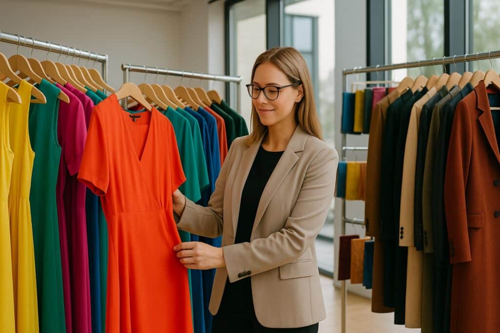 Boutique fashion buyer examines vibrant 2026 trend garments in an Italian showroom