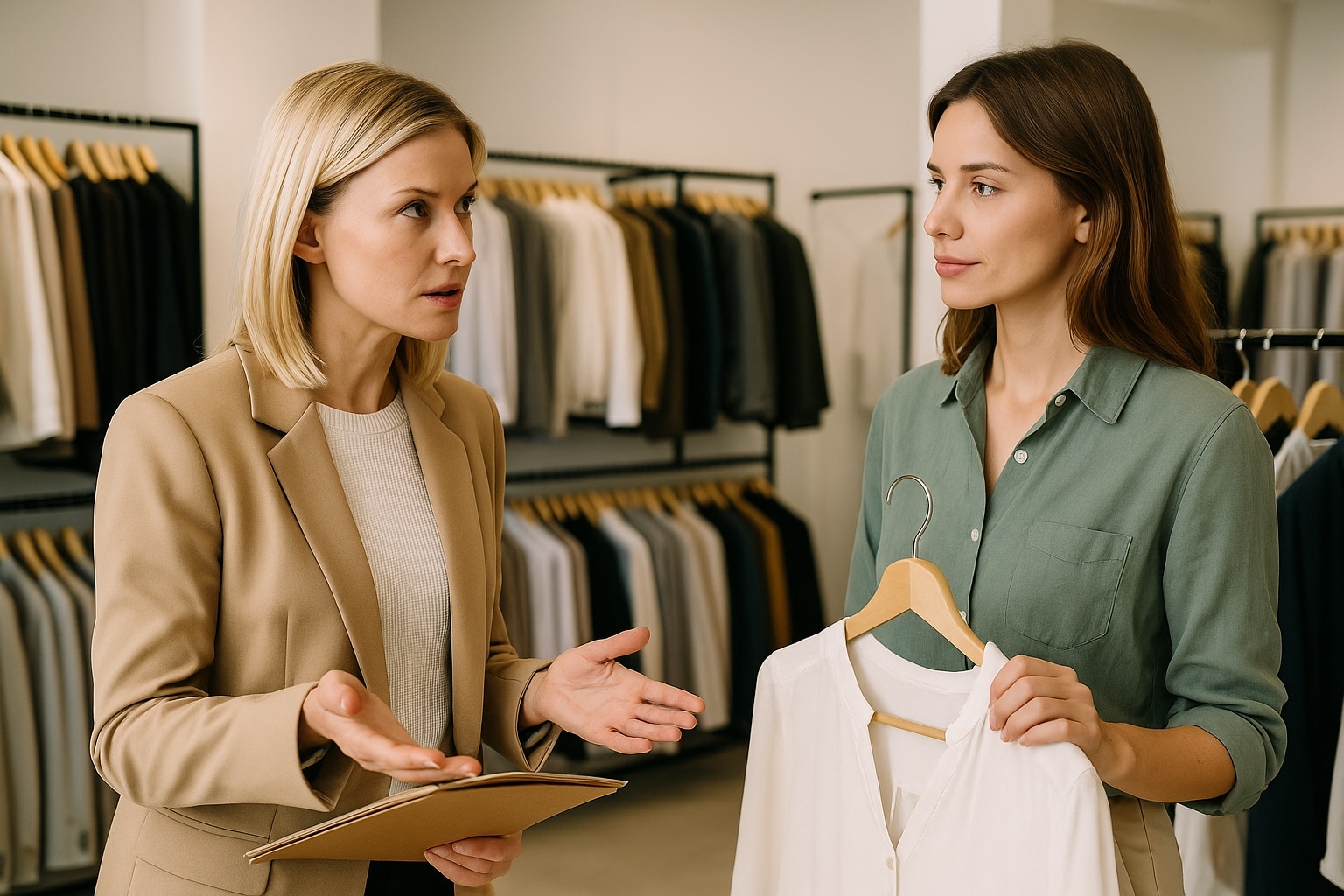 A sourcing agent and international fashion buyer reviewing clothing selections in a Prato showroom