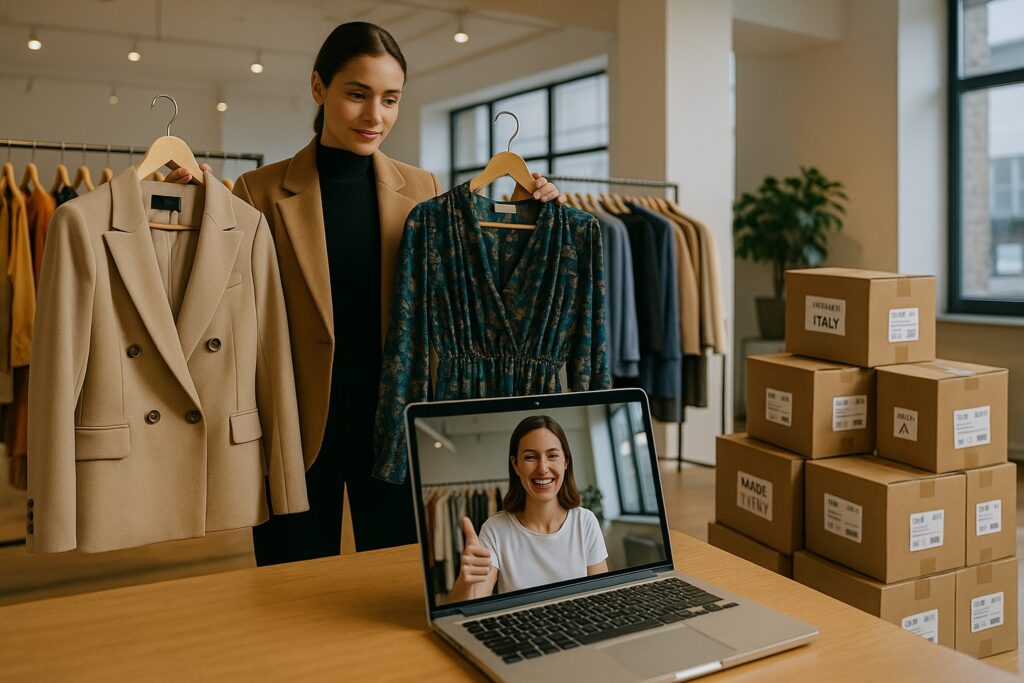 Boutique owner participates in a live video shopping session with an Italian fashion showroom, with racks of clothing and shipping boxes visible, illustrating the sourcing workflow from sample selection to final shipment.