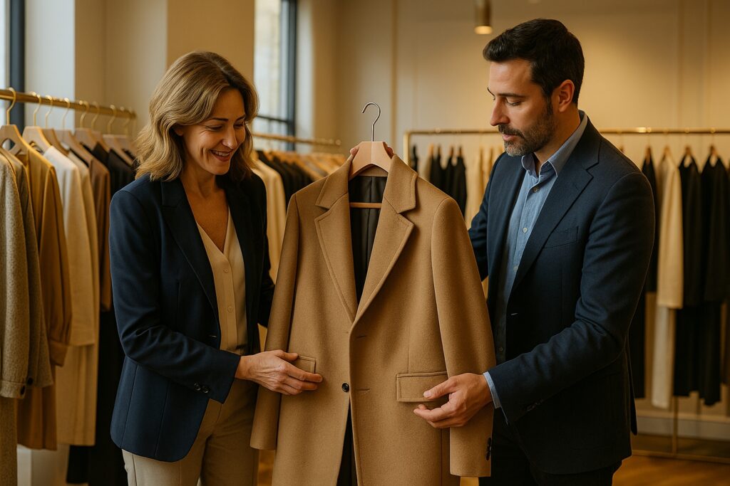 Boutique owner and Italian supplier inspect high-quality Italian-made garments in a stylish boutique.
