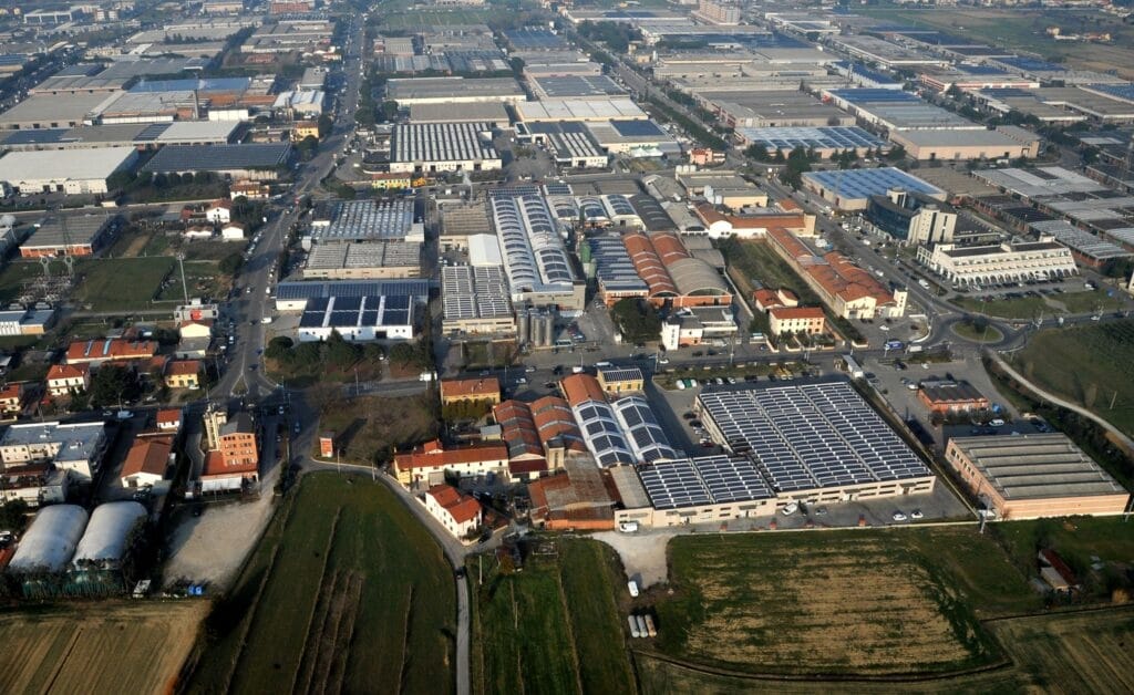 Aerial view of Prato’s industrial textile district, Italy’s largest fashion manufacturing hub
