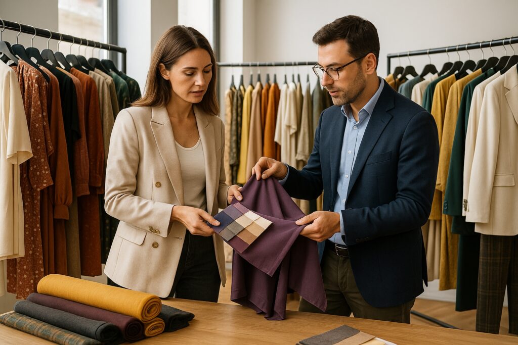 Boutique owner and Italian fashion agent review clothing samples in a Prato showroom