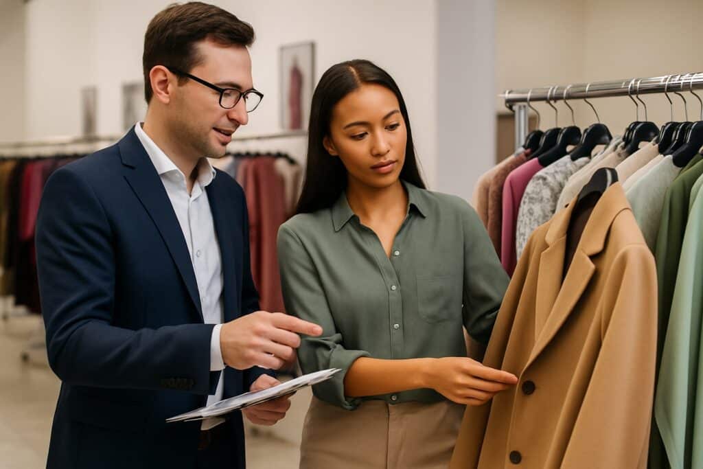 Sourcing agent and fashion buyer discussing wholesale purchases in an Italian showroom