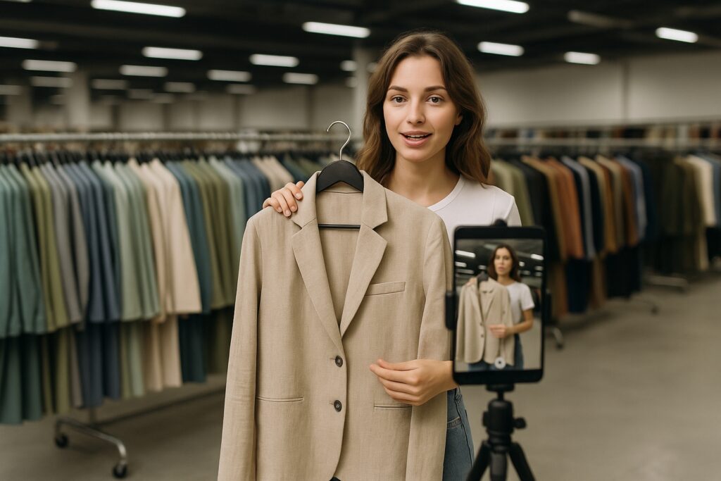 A fashion buyer recording a sourcing session in a Prato warehouse filled with linen garments