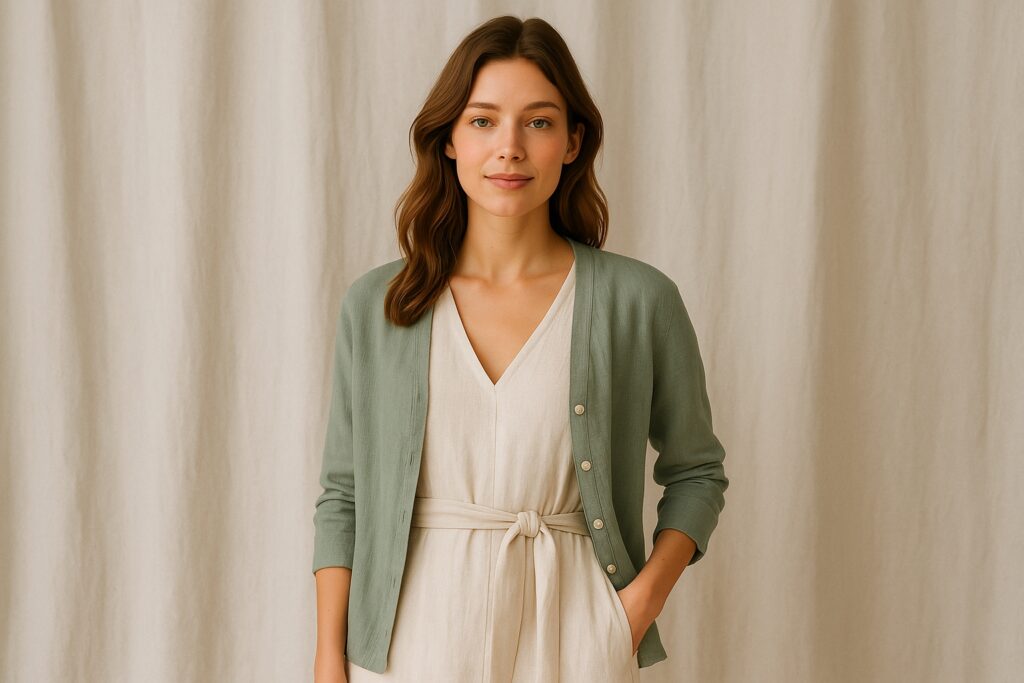 A model wearing a linen dress in a sunlit showroom, surrounded by silk garments and natural fiber fabrics for SS26 collections