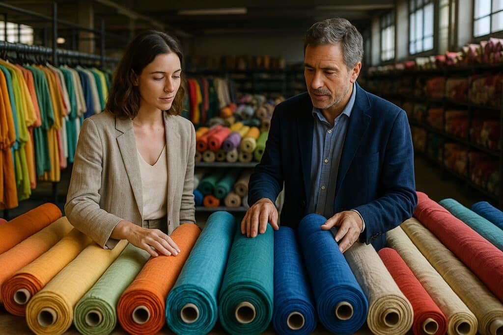Boutique owner and Italian sourcing agent examining colorful linen fabric rolls in a sunlit Prato textile warehouse