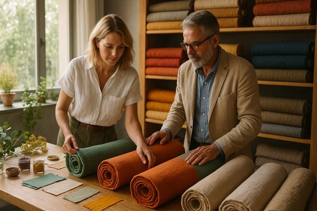 Boutique owner and Italian fabric expert inspect colorful eco-friendly linen rolls in a sunlit textile showroom