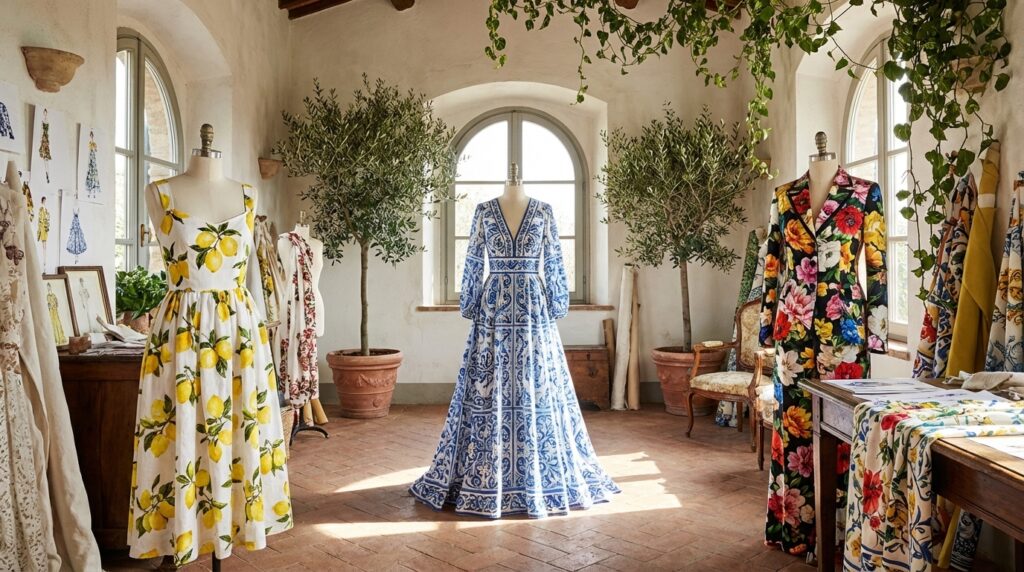 Three mannequins in a sunlit Italian studio, dressed in Spring/Summer 2026 garments with lemon print, blue tile print, and floral print designs.