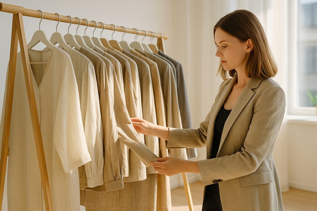 A boutique owner in a sunlit store inspects elegant neutral-toned linen garments on a clothing rack, highlighting the fabric’s natural drape and texture.