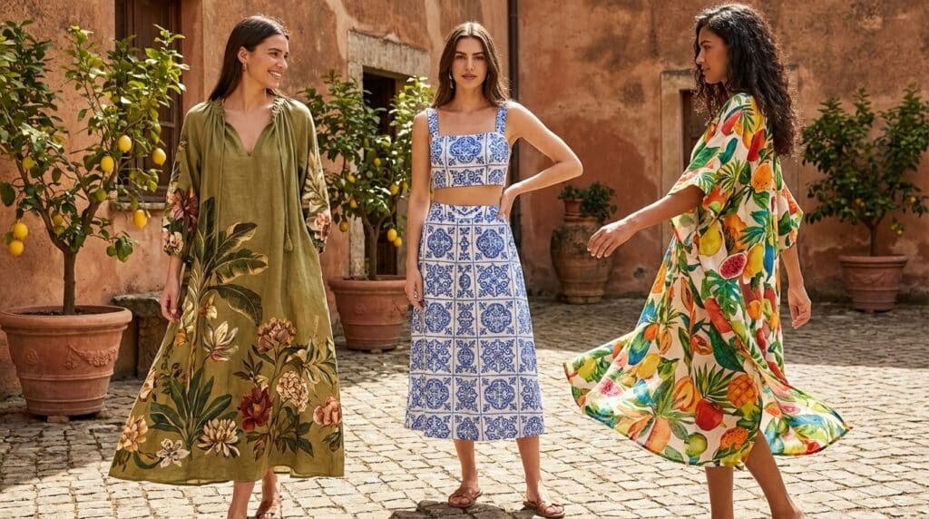 Three women in an Italian courtyard wearing printed linen garments – a floral dress, a tile-print co-ord set, and a tropical patterned kaftan.