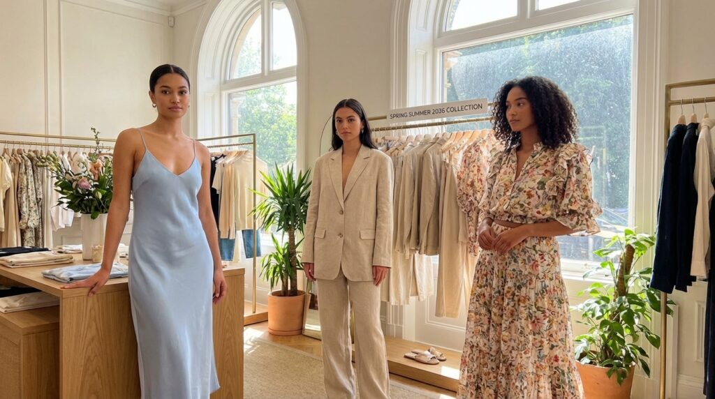 Three fashion models in a boutique wearing key Spring/Summer 2026 trends – a pastel midi slip dress, a boxy linen blazer with wide-leg pants, and a floral matching set.