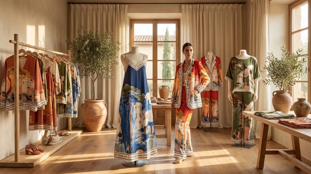 Boutique display featuring Italian silk garments with watercolor-style landscape prints for Spring/Summer 2026