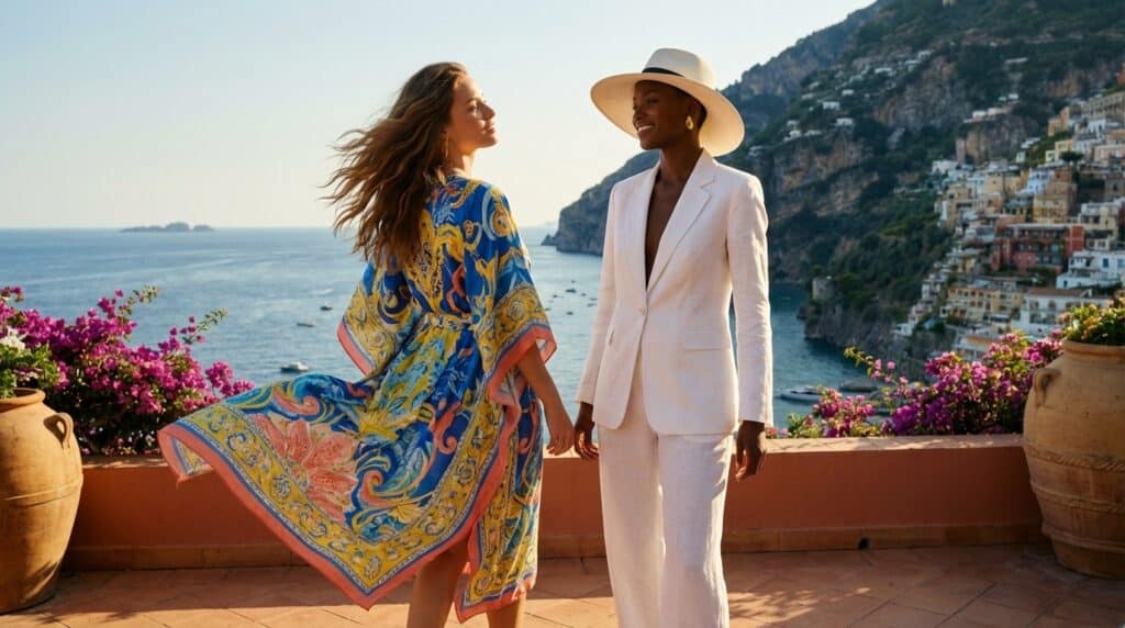 Two women on a Mediterranean seaside terrace wearing SS26 Italian resortwear (a printed kaftan and a white linen pantsuit) in warm sunlight.