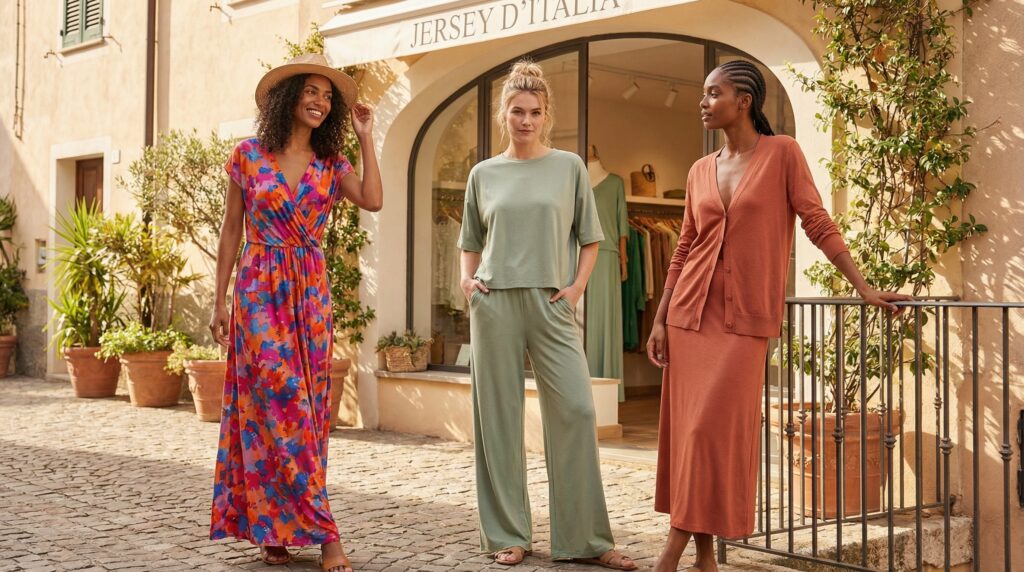 Three women in Spring/Summer 2026 outfits made of Italian jersey fabrics – a printed draped maxi dress, a pastel lounge set, and a lightweight cardigan-and-skirt co-ord – illustrating elevated comfort.