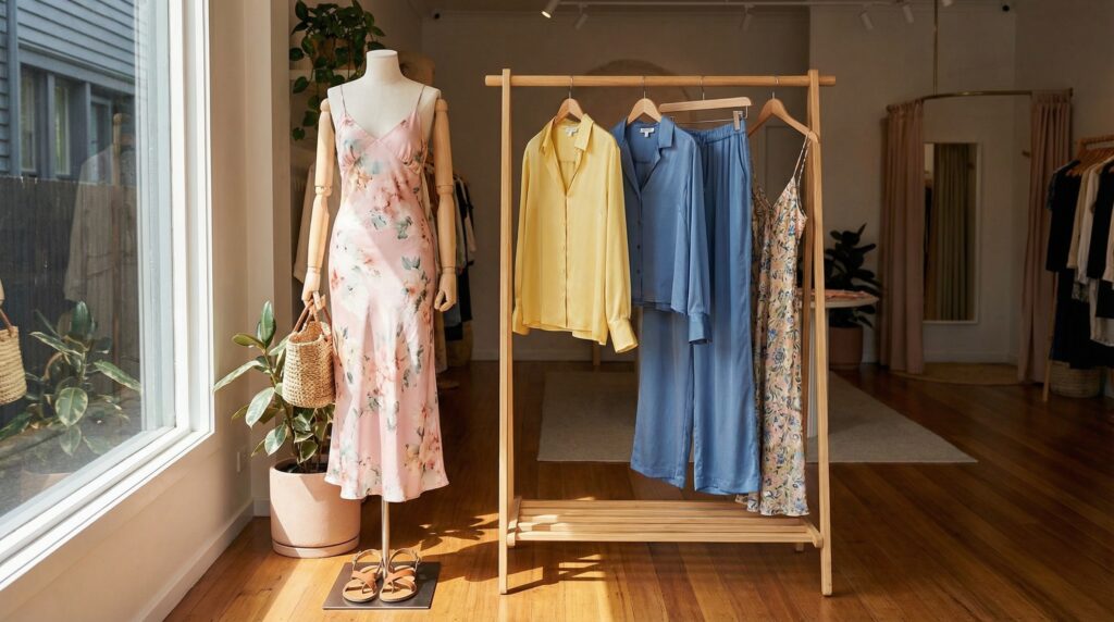 Mannequin in a boutique wearing a pastel silk slip dress next to a rack of various silk blouses and pants for SS26 daywear