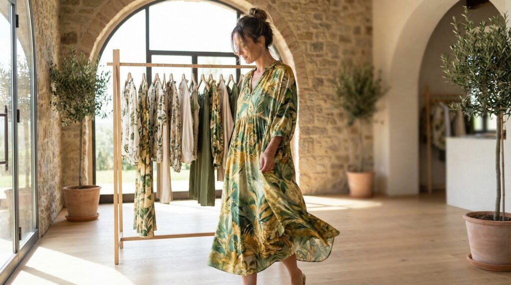 Model wearing a drapey Spring/Summer 2026 dress in eco-viscose with a green floral print, in a sunlit Italian boutique.