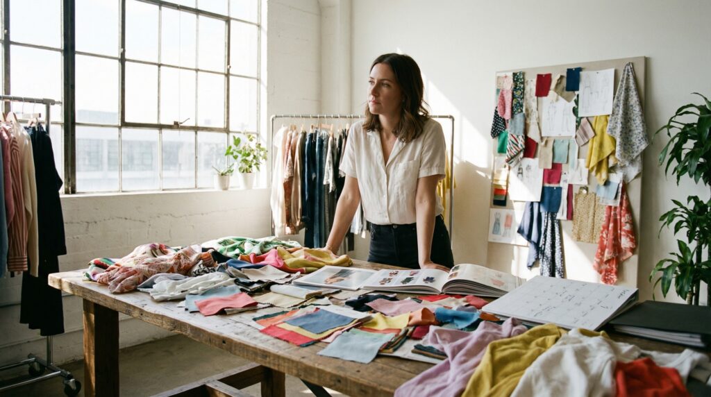 Fashion buyer in a sunlit studio reviewing spring/summer 2026 fabric swatches and a calendar schedule.