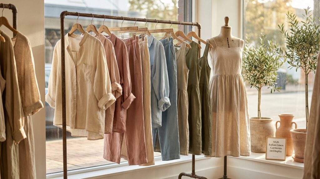 Linen womenswear garments on a rack – beige dress, sage co-ord, and white shirt – in a sunlit boutique, highlighting texture and breathability.