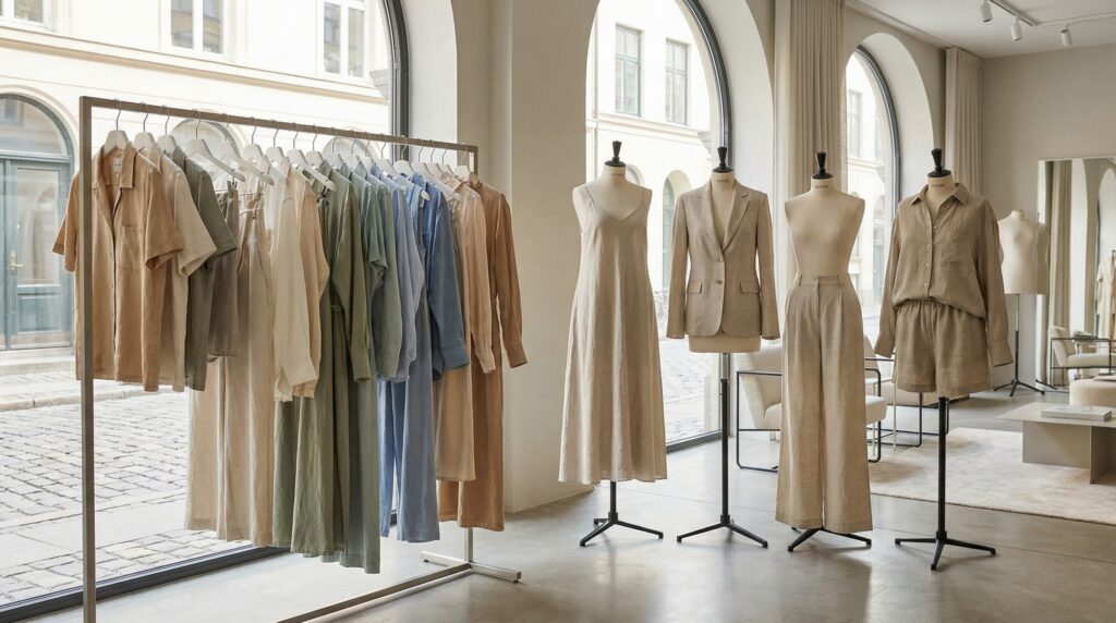 SS26 ready-to-wear garments made from linen blend fabrics displayed on mannequins and clothing rack