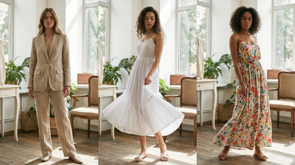 Three women showcasing Spring/Summer 2026 outfits – a beige linen suit, a white cotton sundress, and a printed viscose maxi dress – illustrating breathable summer fabrics.