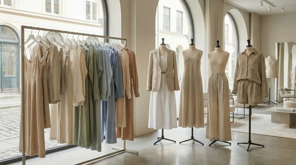 Mannequin and clothing rack showcasing women’s Spring/Summer 2026 linen outfits in a sunlit boutique.