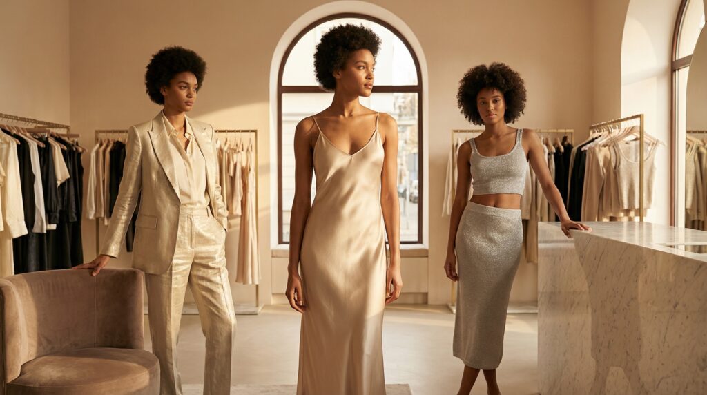 Three models wear Spring/Summer 2026 womenswear in shiny fabrics – a satin slip dress, a metallic gold linen suit, and a silver lurex knit set – in a sunlit boutique.
