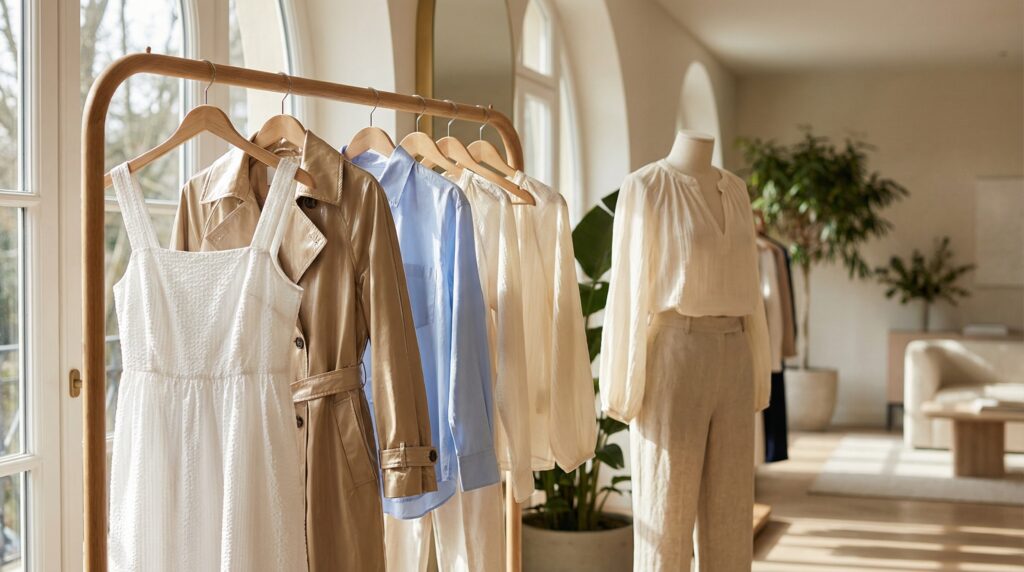 Rack of Spring/Summer 2026 women’s clothing in various cotton fabrics – a white textured cotton dress, beige coated cotton trench, light-blue poplin shirt, and ivory gauze blouse.