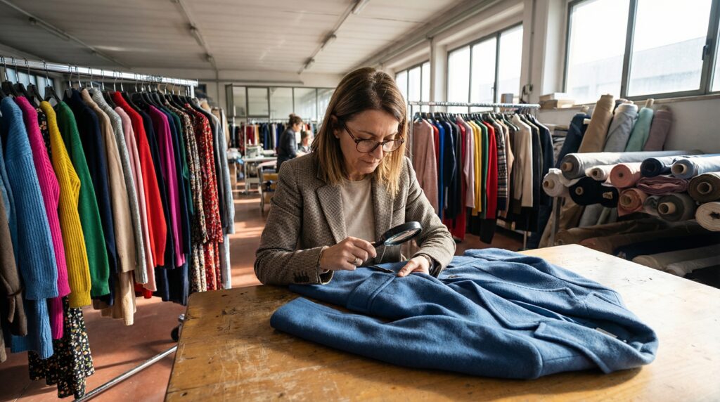 An Italian Fashion Sourcing agent examines the stitching of a garment in a Prato ready-to-wear showroom, with racks of clothing in the background.