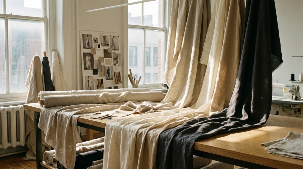 Rolls of linen-blend fabric in a bright studio