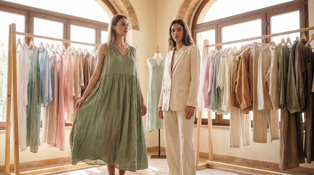 Two women in a sunlit boutique display linen apparel: one wearing a bright blue linen suit, the other a sage green gauze linen dress, with neutral-toned linen clothing hanging behind them.