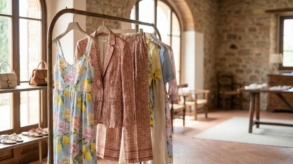 A boutique clothing rack displaying assorted printed linen garments (a floral dress, a geometric suit, etc.) under natural light, highlighting their vibrant patterns.