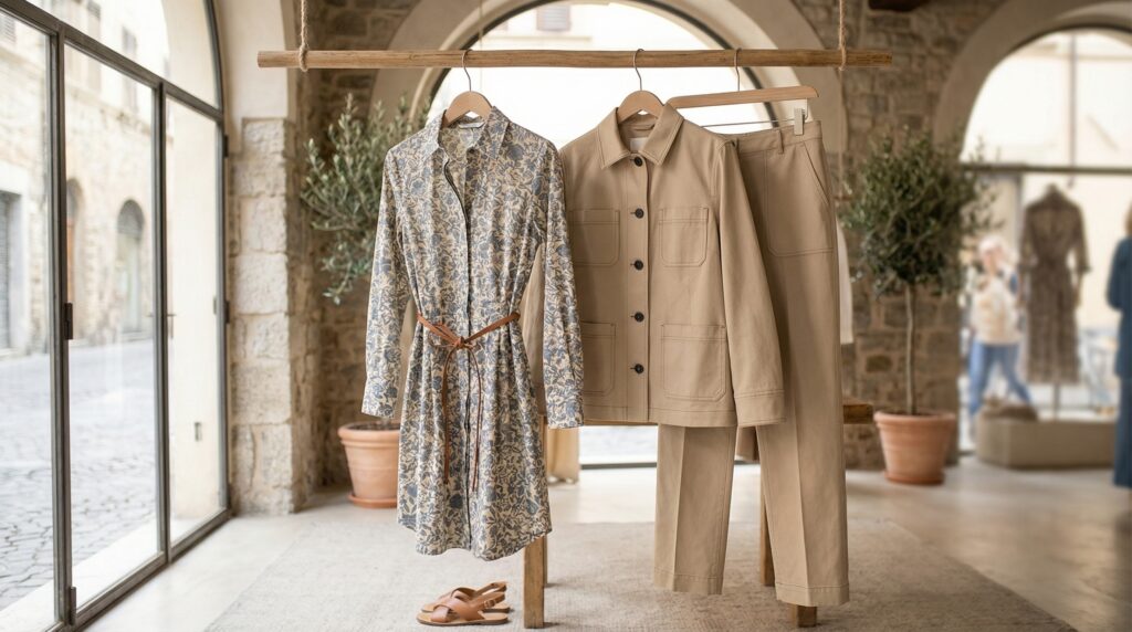 SS26 Made in Italy womenswear cotton capsule with printed poplin dress and structured utility set