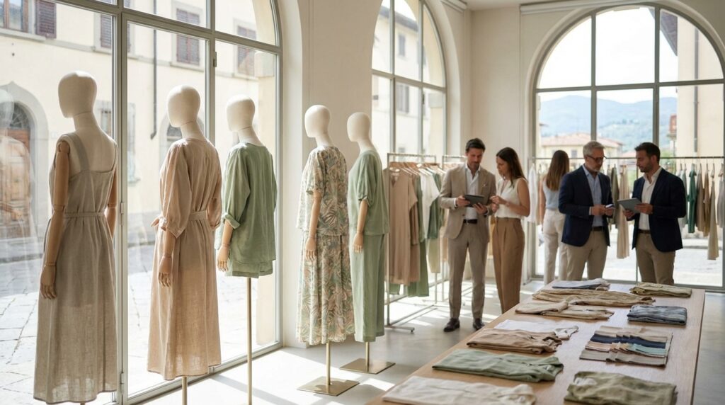 Buyer reviewing a women’s summer jacket with agent in an Italian showroom.