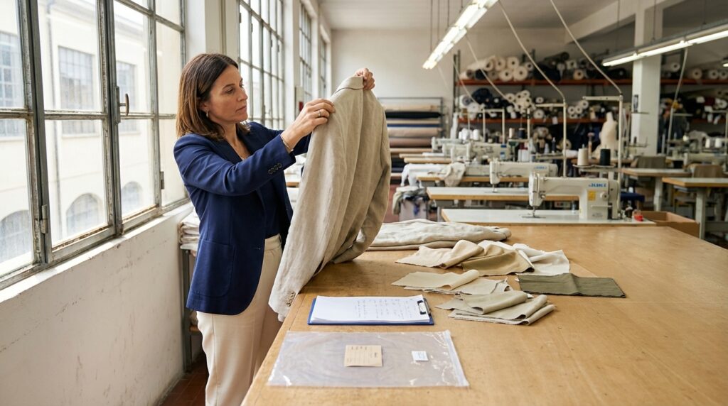IFS sourcing agent inspecting a private label garment sample inside a Prato production facility, custom label visible