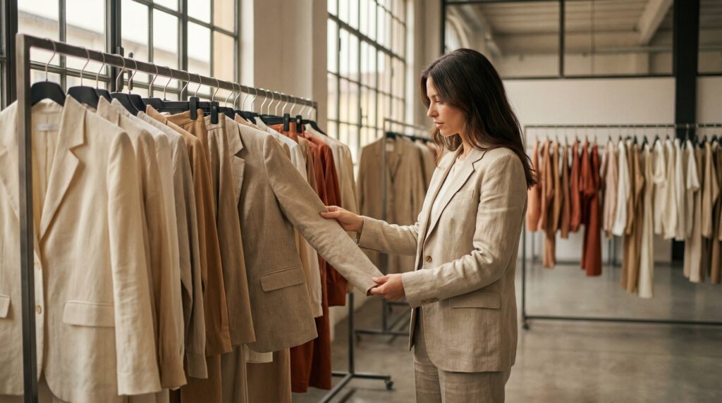 Womenswear hanging rails in a Prato wholesale showroom ready for in-season buying