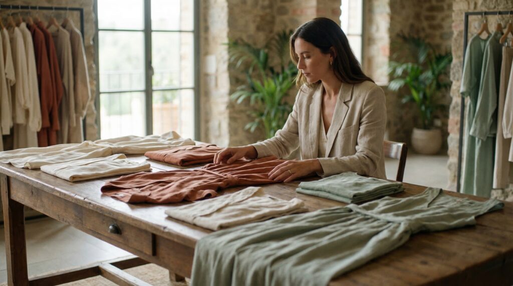 Curated SS26 womenswear capsule laid out on a table in an Italian sourcing showroom