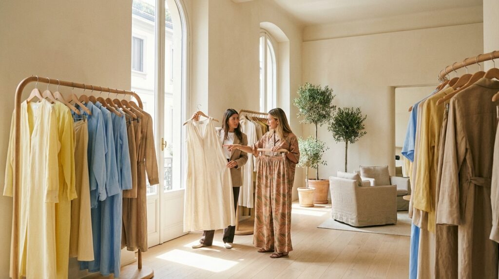 Boutique buyers examine Spring/Summer womenswear (linen dresses and co-ords) in a sunlit Italian showroom.