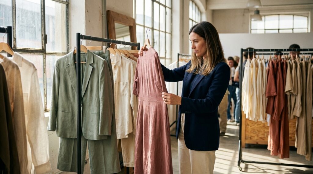 Boutique buyer examining linen womenswear pieces including midi dress and coord set at a Prato wholesale showroom for SS26