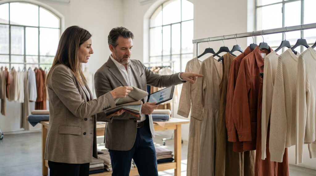 Italian sourcing agent and North American buyer reviewing Made in Italy wholesale womenswear in a Prato showroom — US import tariffs 2026