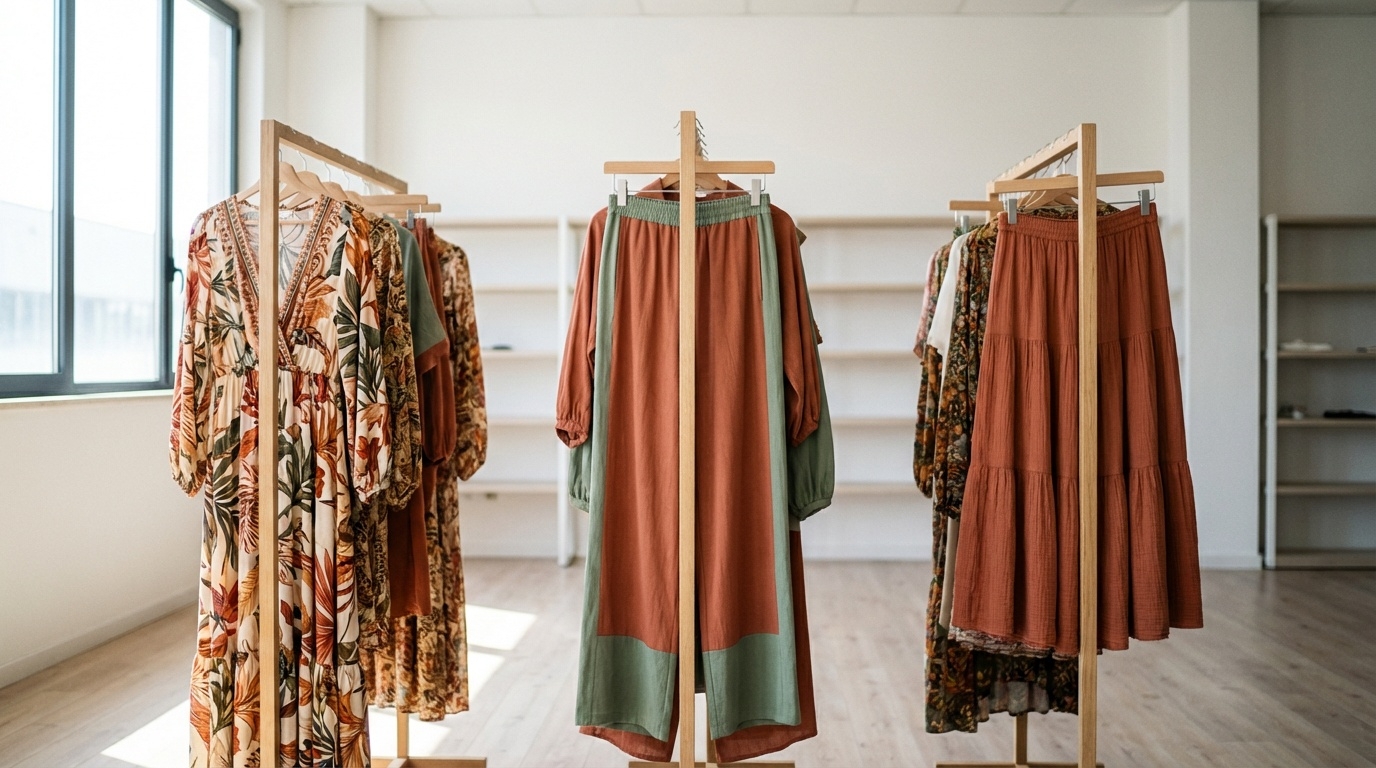 Boho coords and maxi dresses on wholesale clothing rail in Prato showroom printed viscose and linen blend SS26 collection