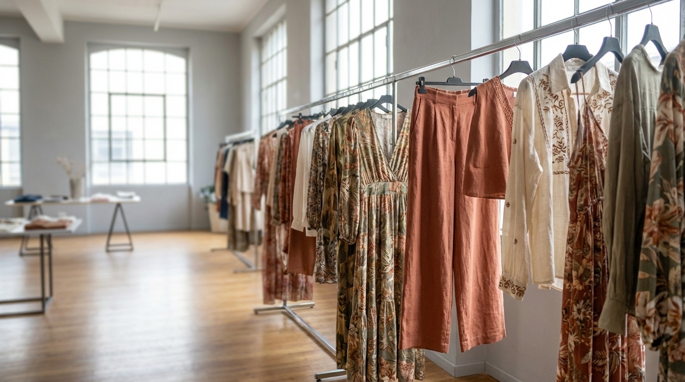 Boho-inspired Italian womenswear SS26 flowing printed dresses and wide-leg trousers on wholesale rail in Prato showroom