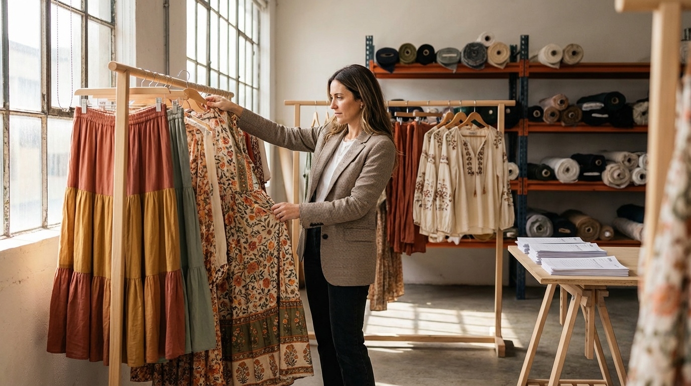 Boho womenswear wholesale SS26 rail of printed maxi dresses and tiered skirts in Prato showroom Italy