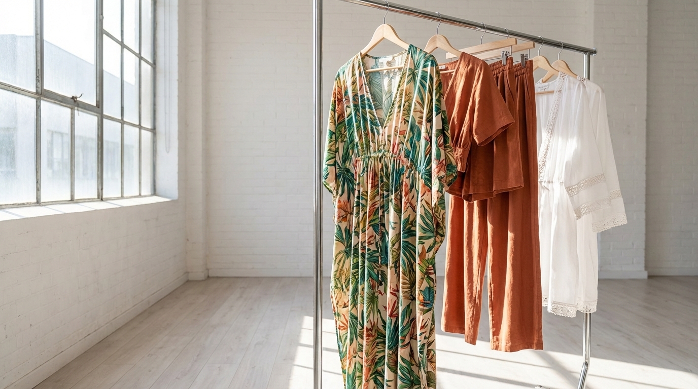 Italian beach-ready womenswear wholesale SS26 kaftans cover-ups and resort sets on rail in Prato pronto moda showroom