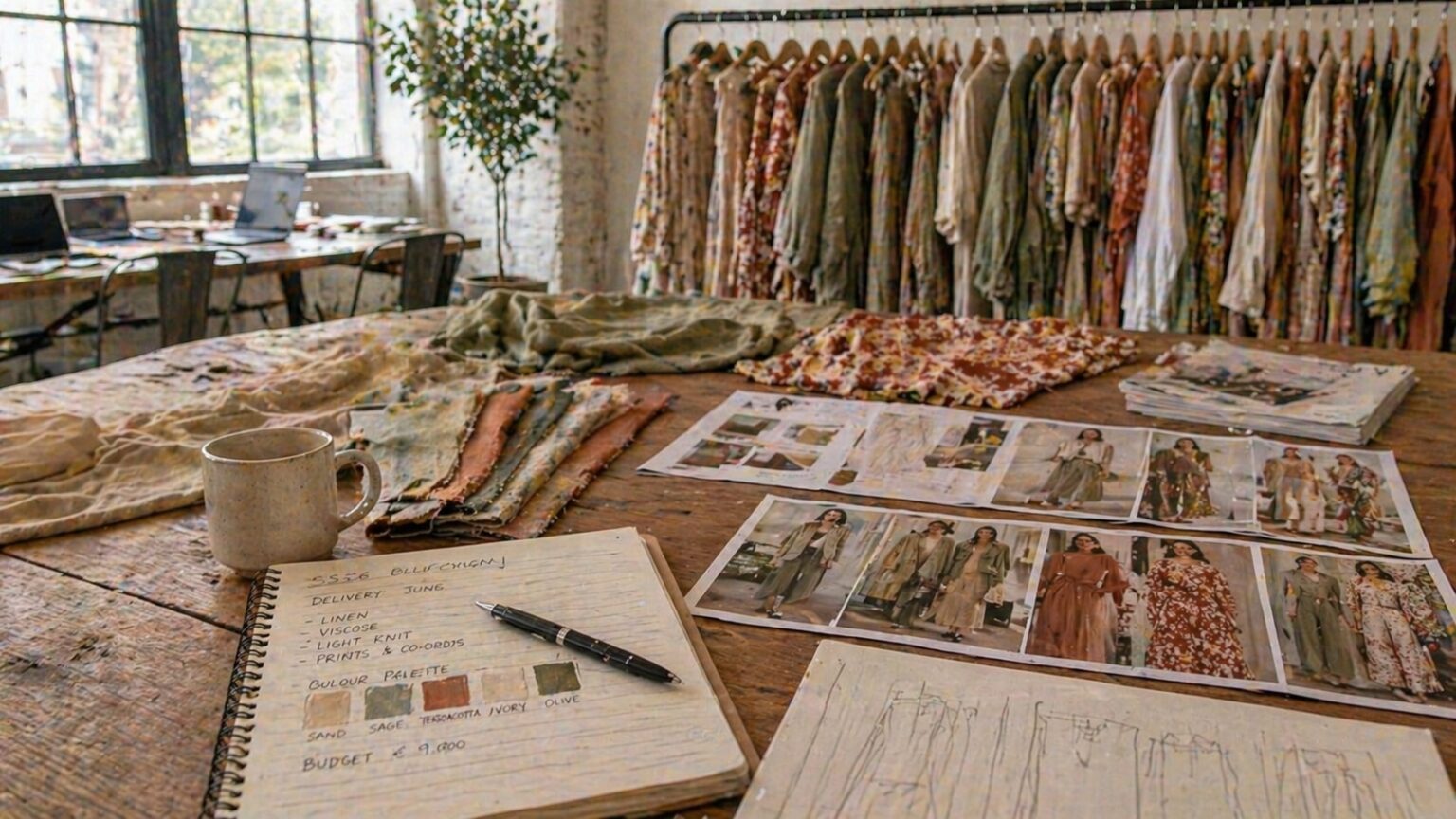 Boutique buyer reviewing Italian fashion wholesale garments on a table with handwritten buy plan and linen coordinate set visible.